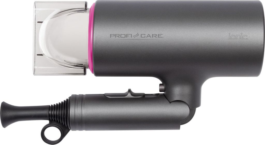 A gray and pink hair dryer with a transparent attachment is shown against a white background.