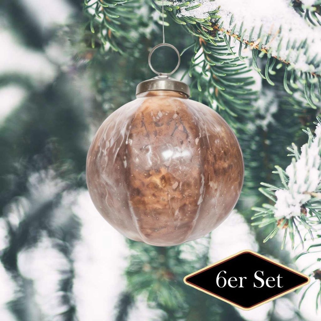 Weihnachtskugel Rund, Orange marmoriert glänzend - handgemacht in Indien, 10 cm