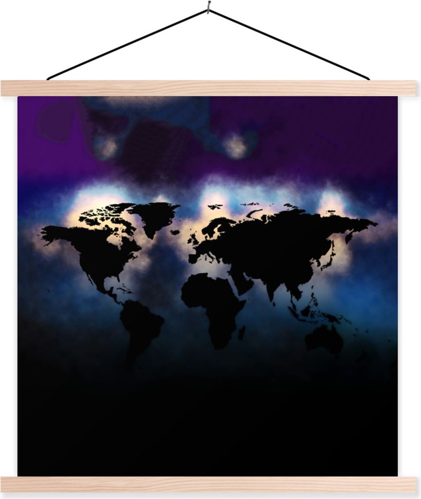 MuchoWow Textilposter Weltkarte - Lila - Aquarell 120x120 cm mit holzfarbenen Rahmen - Textil-Poster