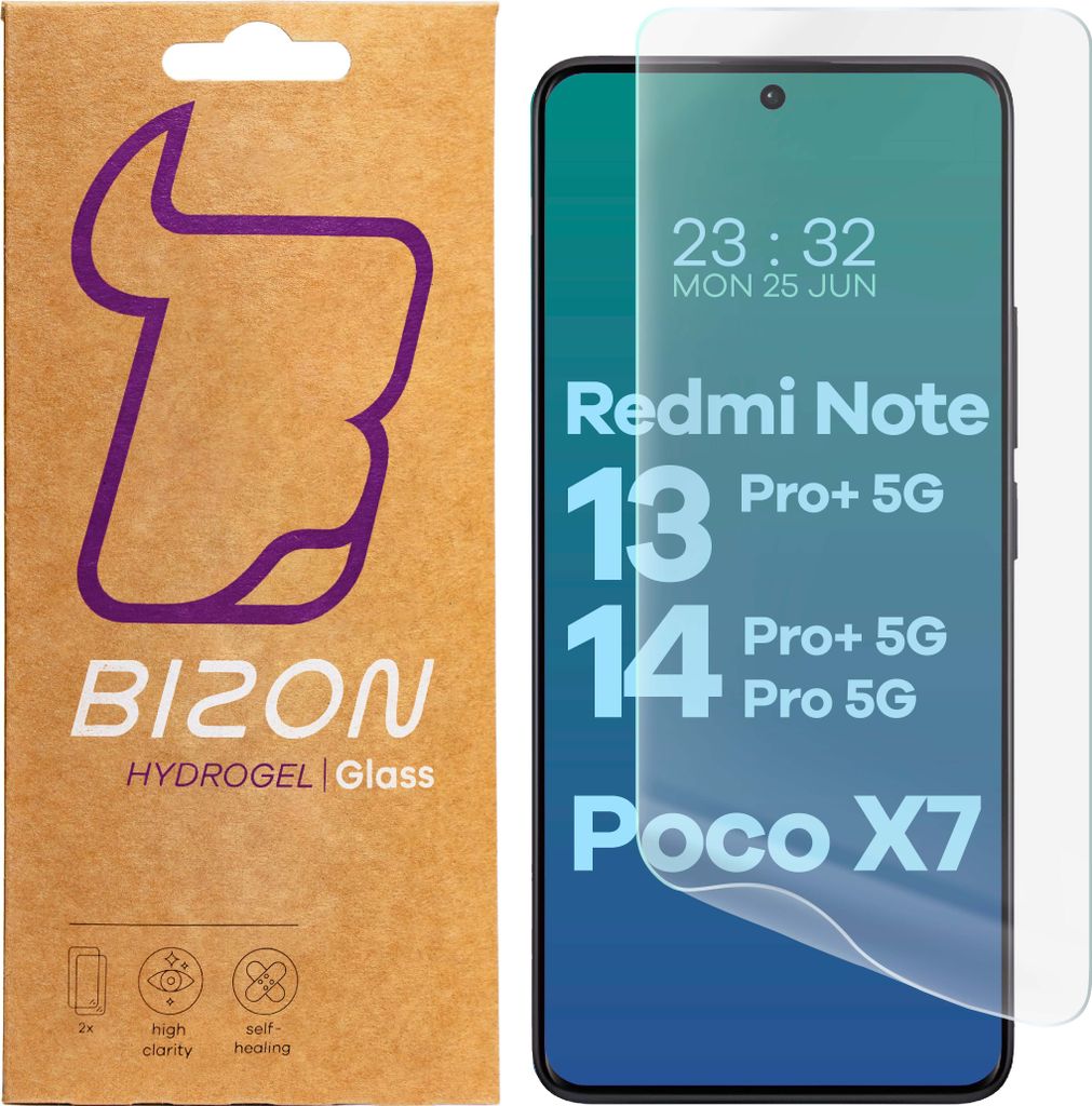 A product packaging box and a smartphone screen protector are shown side-by-side.