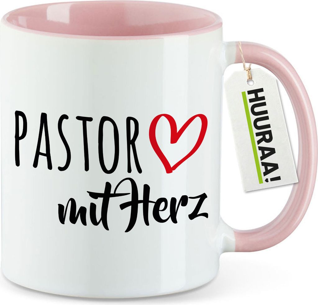 Huuraa Kaffeetasse Pastor mit Herz 330ml Rosa Keramik Kaffeebecher Geschenkidee