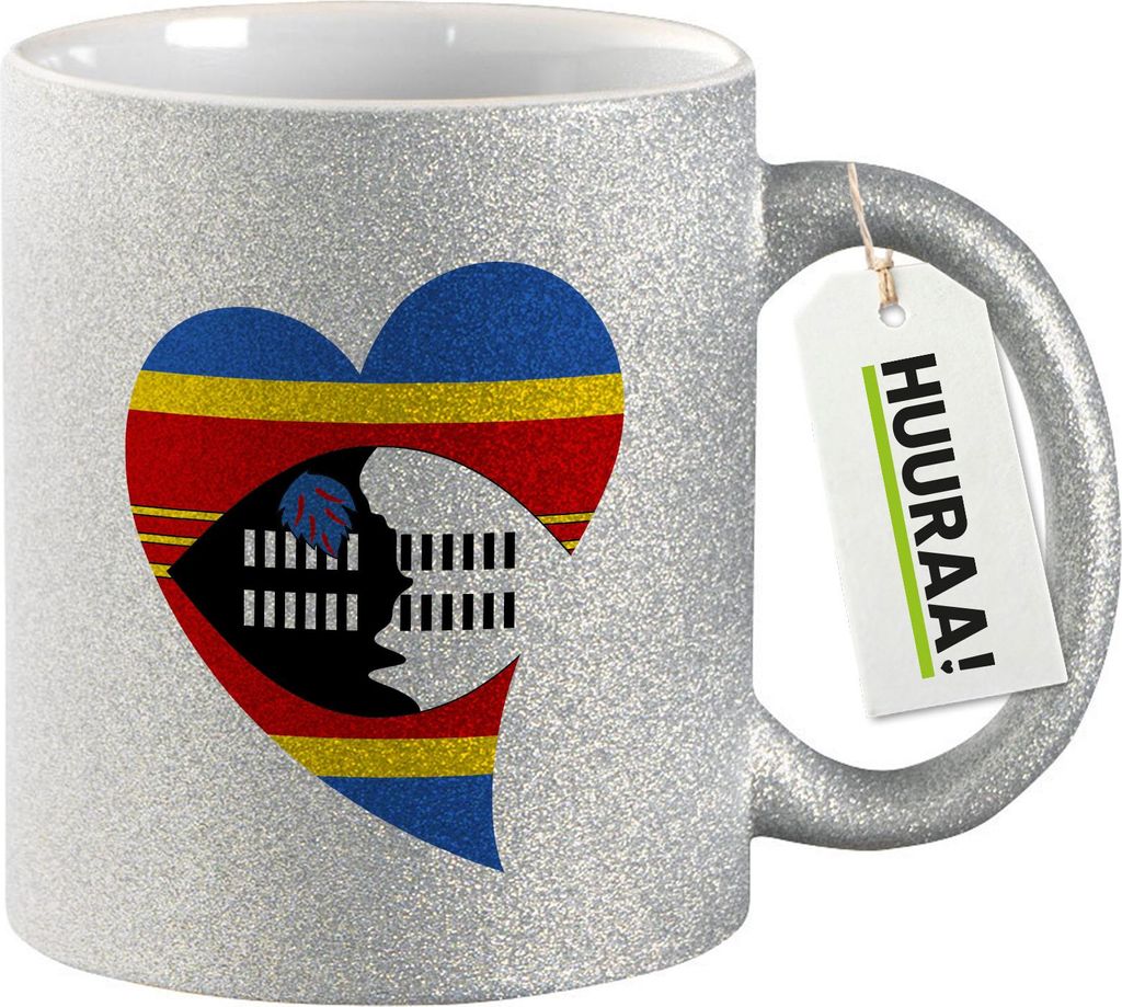 Huuraa Glitzertasse Swasiland Flagge Herz 330ml Silber Keramik Kaffeebecher Geschenkidee