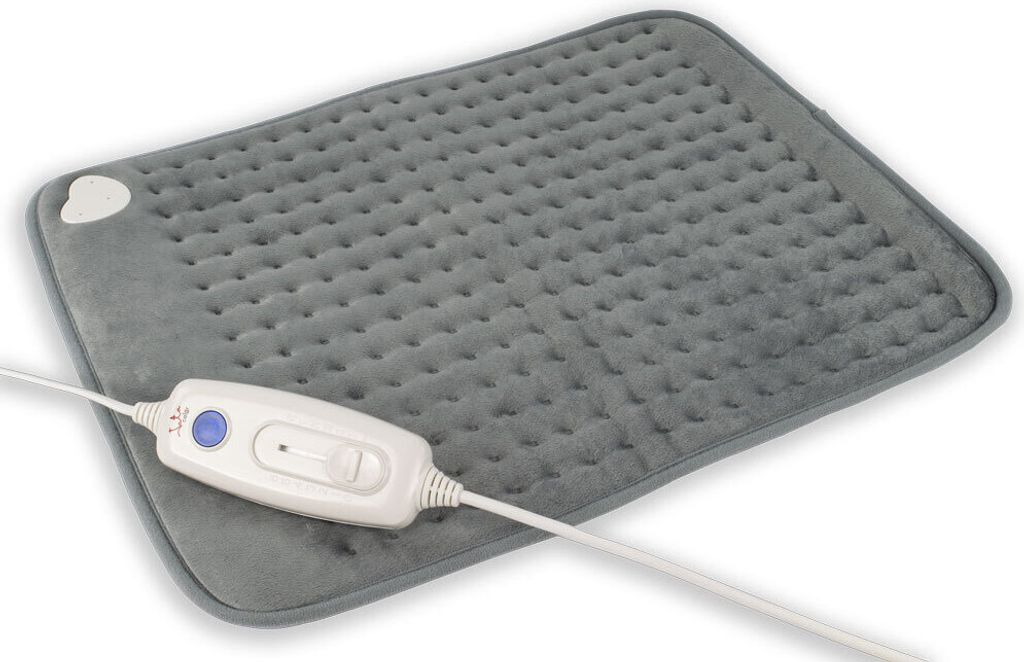 A gray electric heating pad with a white controller and cord is shown on a white background.