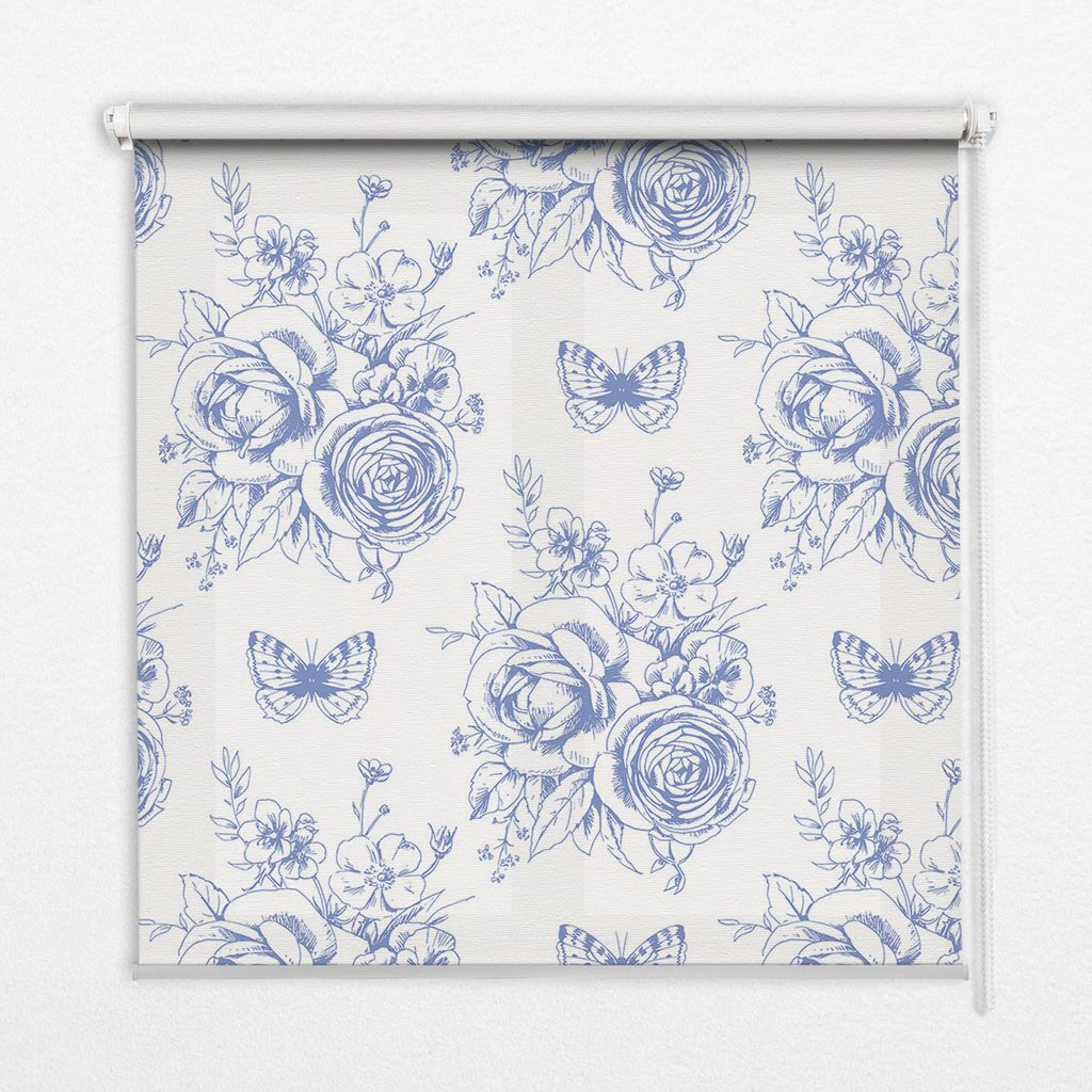 Seitenzug-Rollo Fensterrollo Jalousie - Lichtdurchlässig Springrollos - 50x50 cm - Blaue Blumen und Schmetterlinge
