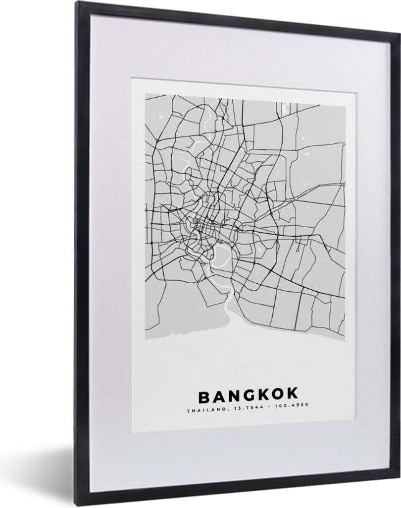 MuchoWow Gerahmtes Poster Bangkok - Stadtplan - Schwarz und weiß - Karte 30x40 cm - Poster mit Schwarzem Bilderrahmen Wandposter Rahmen Foto Bil...