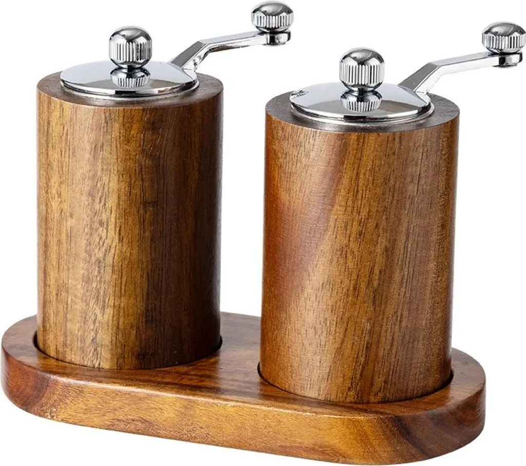 INF Set di 2 macinapepe manuali retrò con base in legno di acacia a forma di 8
