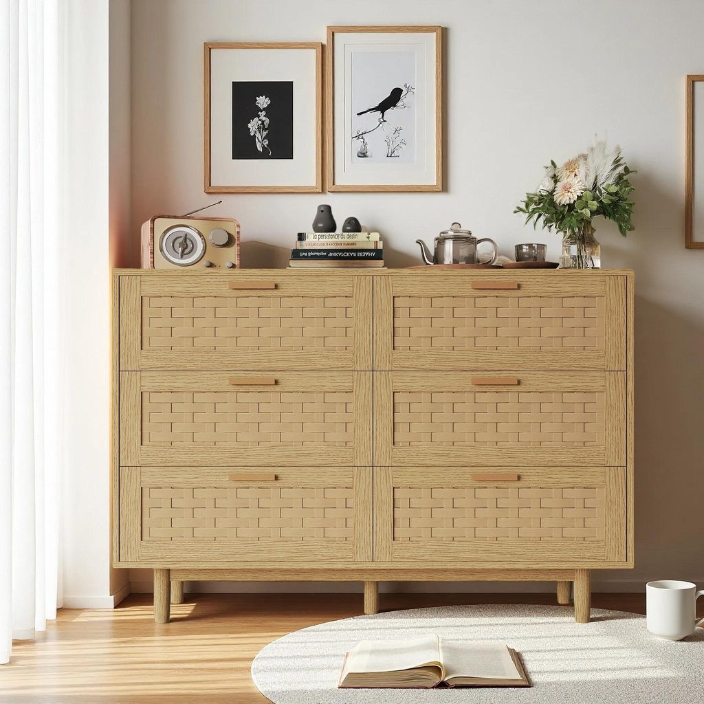 Rattan-Kommode - Schubladenschrank mit 6 Schubladen - Klassischer Stil - Paneelholz - Für Schlafzimmer - Zum Selbstaufbau