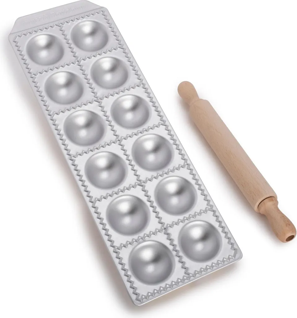 Plaque à raviolis en aluminium 12 empreintes et rouleau bois de hêtre