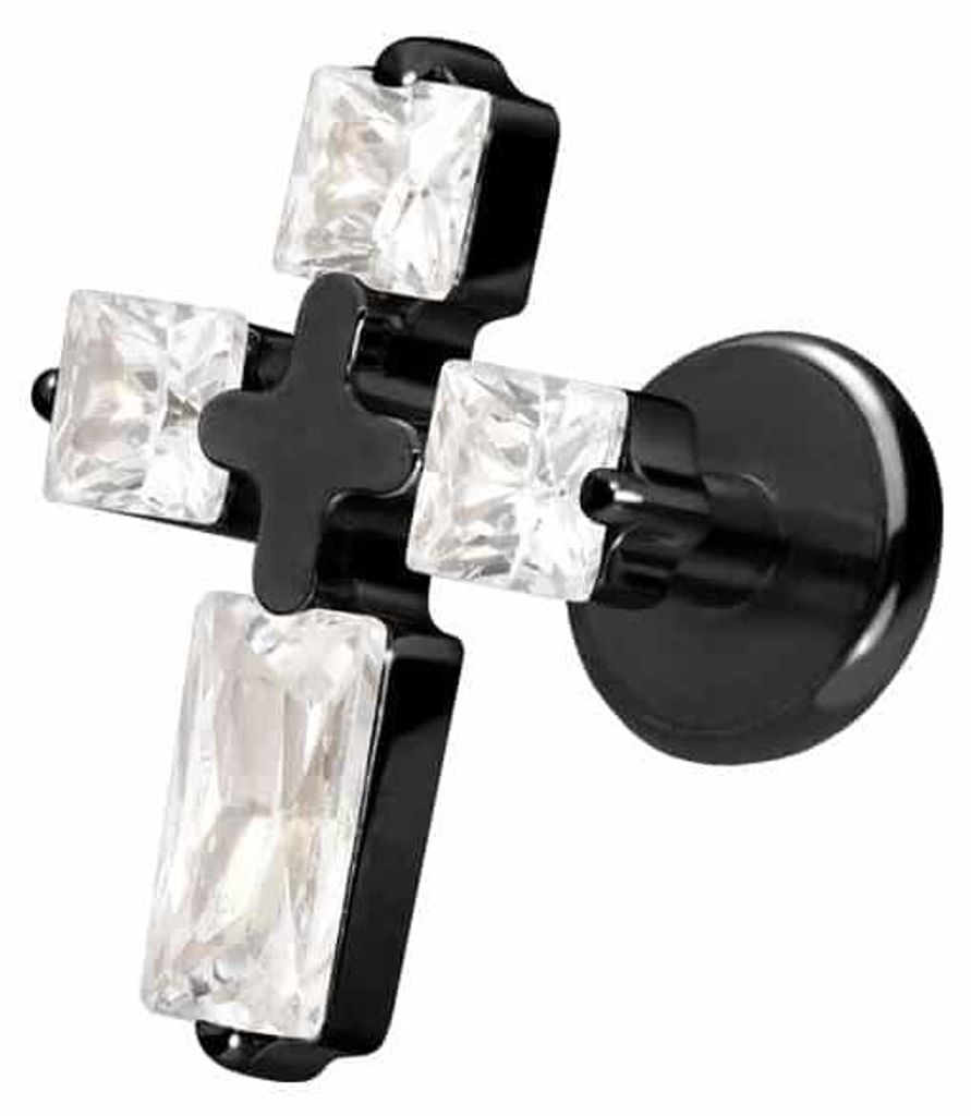 Ohrpiercing, Nasenpiercing Titan Labret mit Push Fit KRISTALLKREUZ Schwarz Stablänge: 6mm | Stabstärke: 1,2mm
