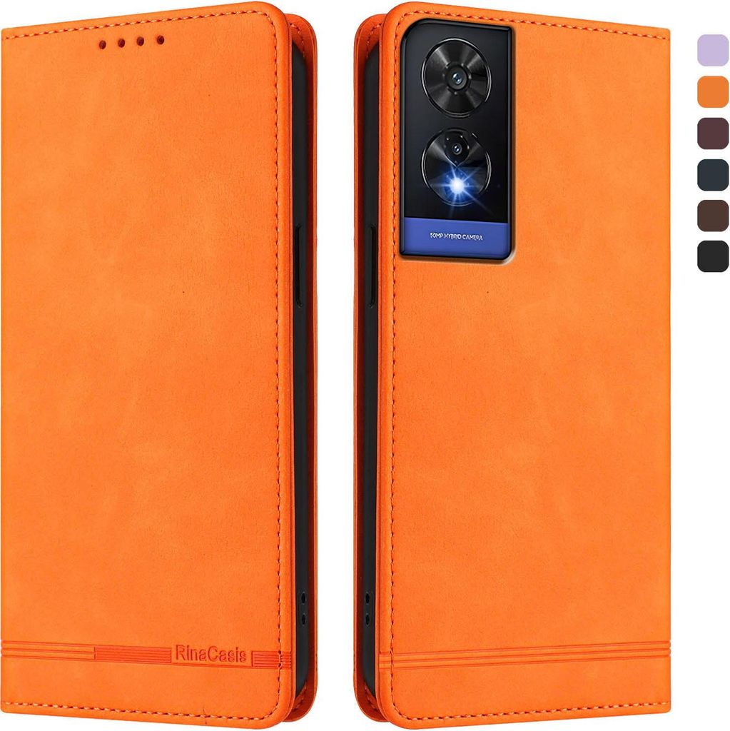 Hülle für TCL 505, Retro Kunstleder Ständer Klapphülle mit Kartenfächer und Magnetische Orange