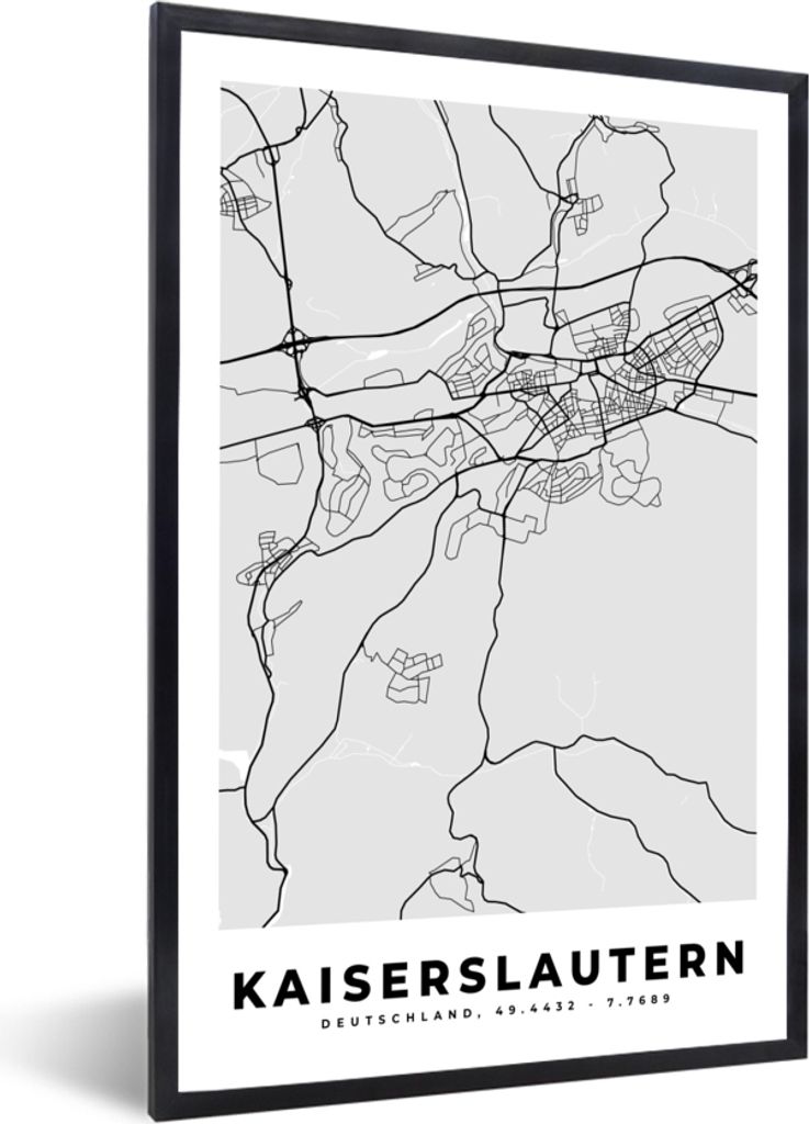 MuchoWow Gerahmtes Poster Kaiserlautern - Karte - Stadtplan - Deutschland 60x90 cm - Poster mit Schwarzem Bilderrahmen Wandposter Rahmen Foto Bil...