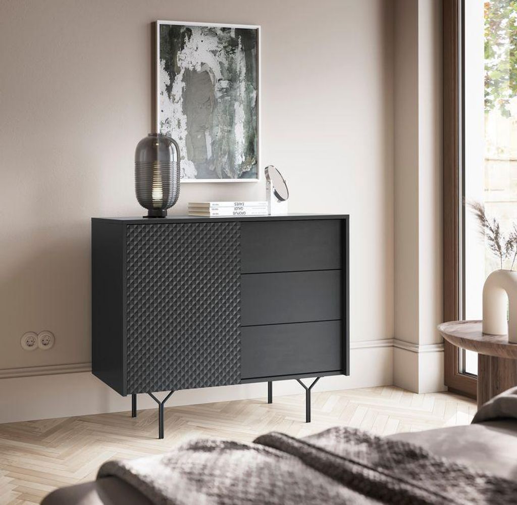 Kommode – Sideboard – Kleine Kommode – Kommode mit Türen und Schubladen – RAVEN – KSZ97– Schwarz Graphite – Metallfüße – Moderne...