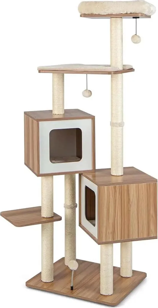 Arbre à chat 163 cm pour grand appartement : 5 niveaux en bois jaune