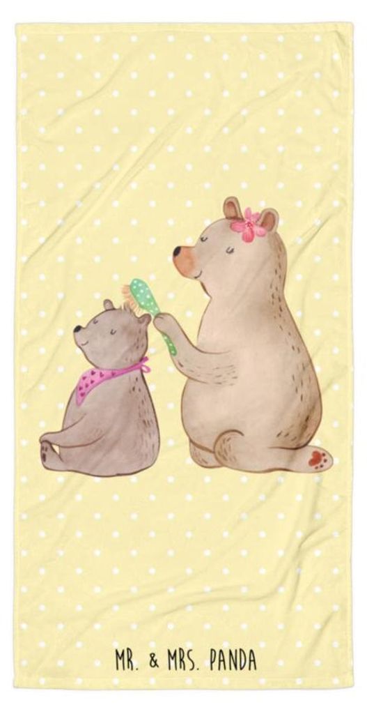 Mr. & Mrs. Panda Strandtuch Bär Kind - Gelb Pastell - Geschenk, Familie, Muttertag, Handtuch, Frotteehandtuch, Reisehandtuch, Tochter, Mutter, Dus...