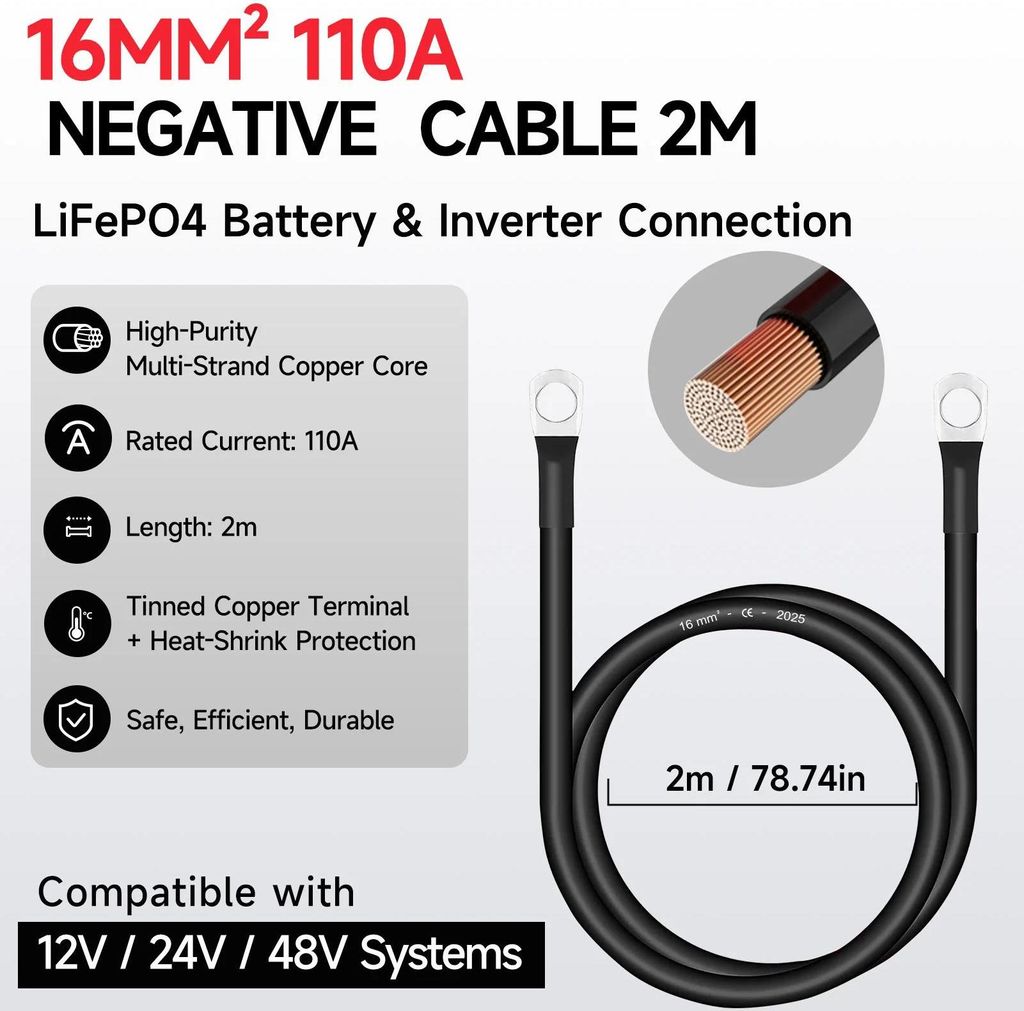 Batteriekabel - Minus-Kabel - 16 mm² - 110 A - 2 m - Für 12–48 V Systeme - Für Wechselrichter & LiFePO4 - Wohnmobil, Solar, Marine