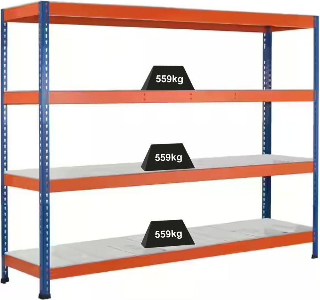 Schulte Weitspannregal mit Stahlpaneelen Z1 | HxBxT 243,8x184x62cm | 4 Ebenen | Fachlast 559kg | Blau/Orange/Verzinkt