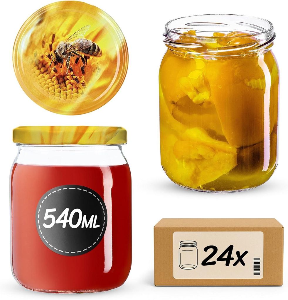KADAX Einmachgläser mit Deckel "Senna", Marmeladengläser, Einweckgläser, 540 ml, Biene, 24 Stück