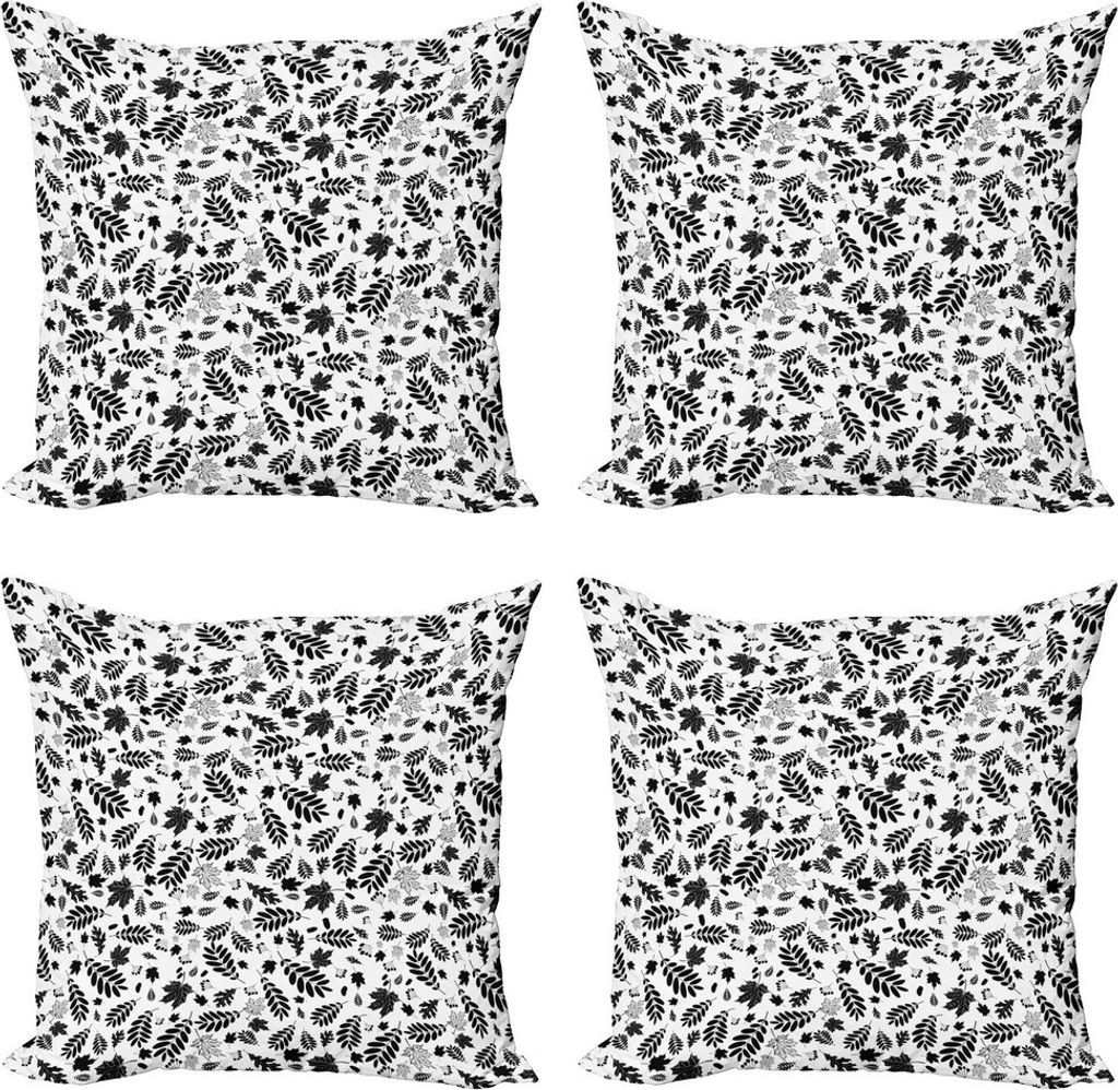 ABAKUHAUS Blätter Kissenbezug Set (4 Stück), Herbst-Saison in Woods, Moderner Doppelseitiger Digitaldruck, 60 cm x 60 cm, Schwarz-Weiss
