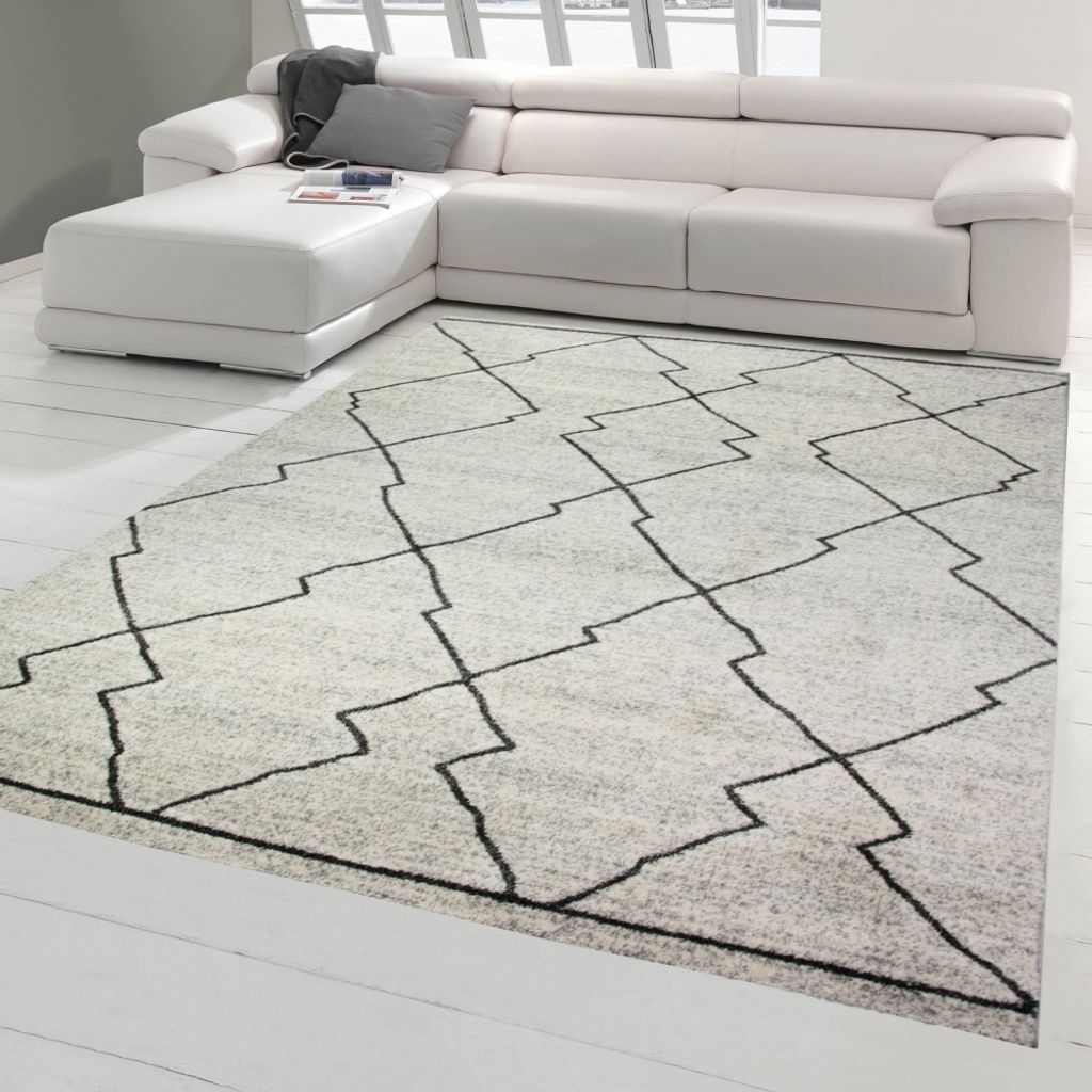 Moderner Teppich Creme Grau Rautenmuster weich Wohnzimmer Produktbild 