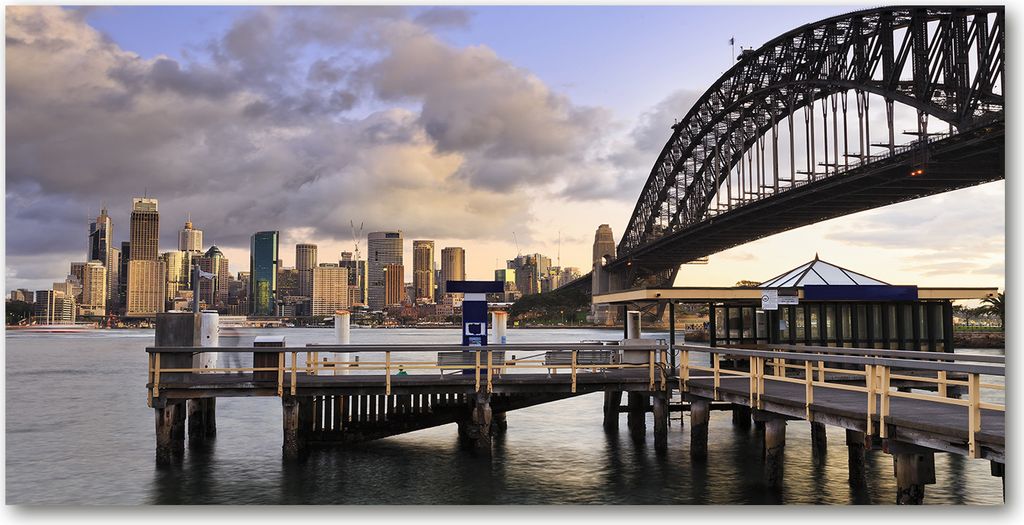 Tulup Glas-Bild - 100x50 -Wandkunst - Wandbild hinter gehärtetem Sicherheitsglas - Sehenswürdigkeiten & Architektur - Brücke in Sydney - Beige