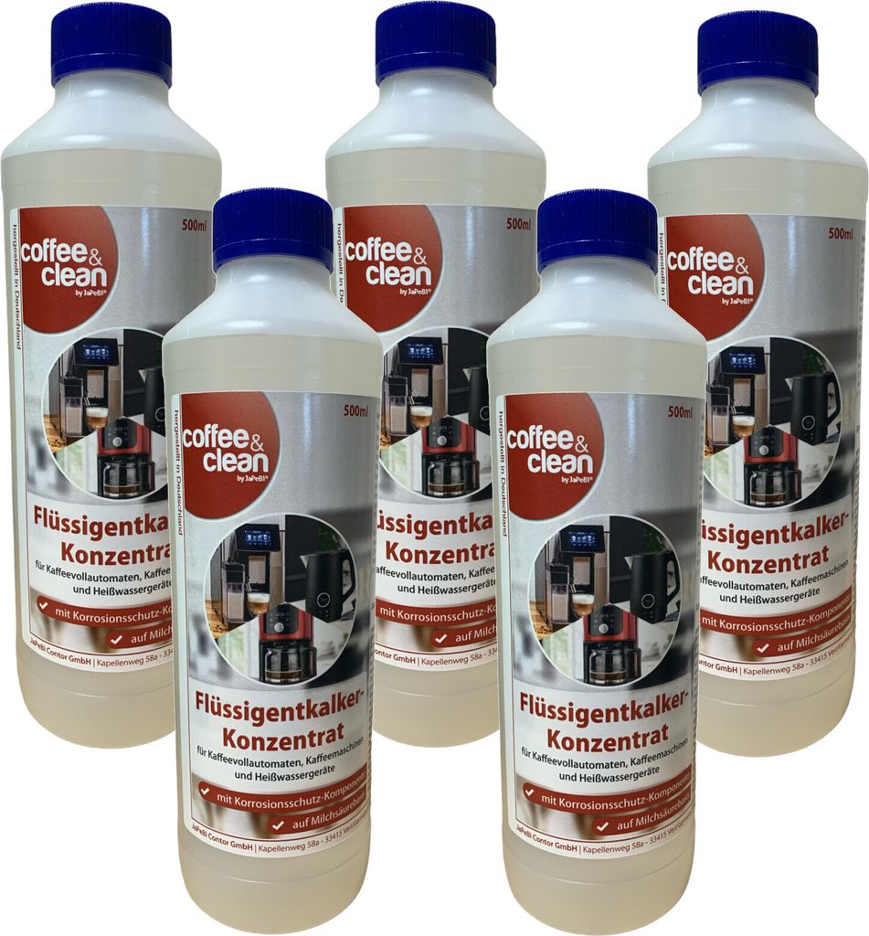 5x 500ml Flüssigentkalker-Konzentrat auf Milchsäure-Basis mit Korrosionsschutz für DeLonghi und andere Kaffeevollautomaten