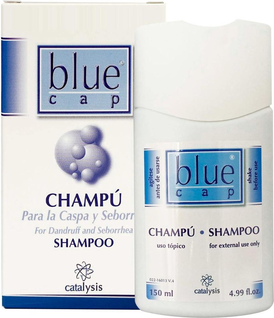 A product shot of Blue Cap Shampoo and its packaging.