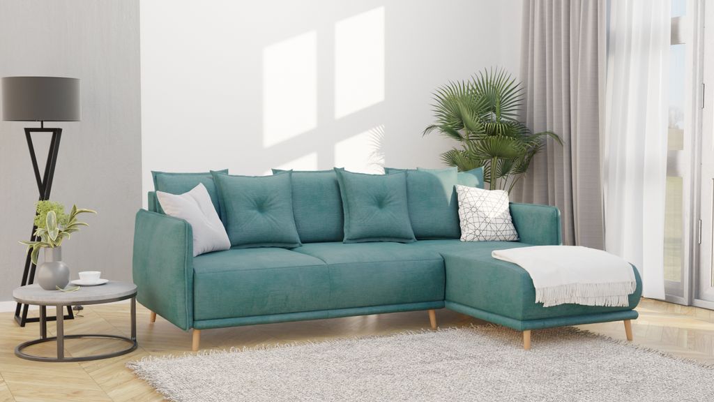 S-STYLE MÖBEL Radiant - Ecksofa mit Schlaffunktion und Bettkasten in scandinavischem Design mit Holzfüßen aus Türkis Luxusmicrofaser - Ottomane...