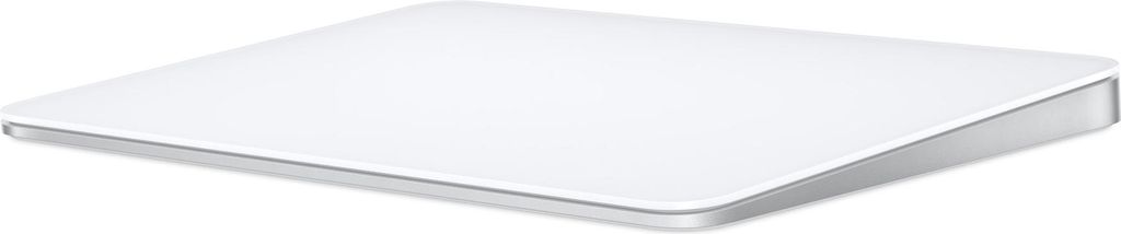 A white Apple Magic Trackpad with a silver metallic edge, shown from a diagonal angle on a white background.