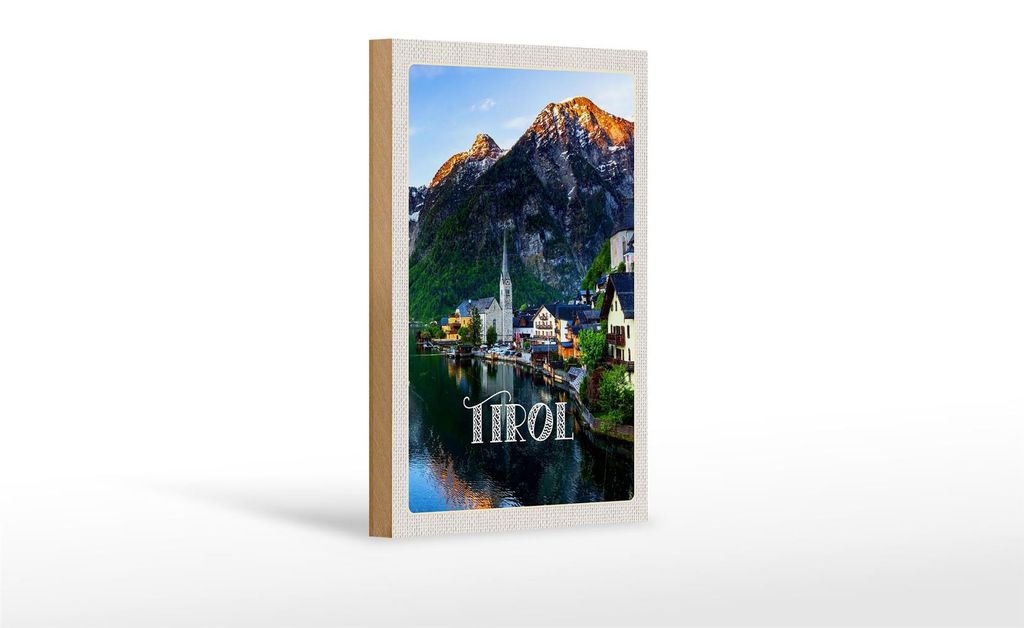 Holzschild Reise 12x18 cm Tirol Stadt am Wasser Gebirge Dekoration