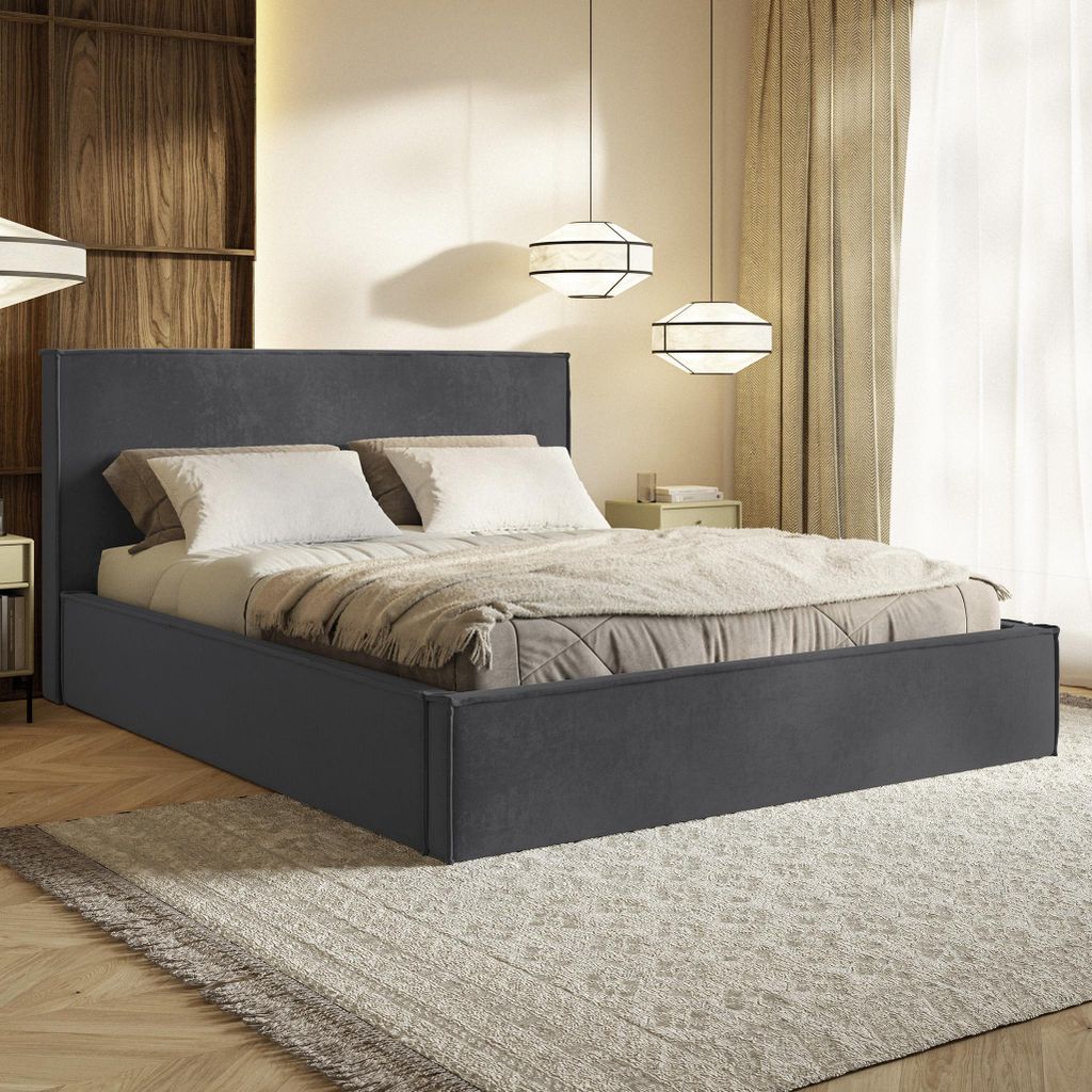MOTIVENA Boho Polsterbett 160x200 mit Bettkasten, Holz Latttenrost, Bett 160x200 Grau Samt (Jasmine 96)