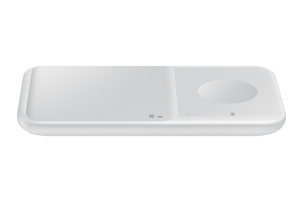 A white wireless charger duo is shown on a white background.