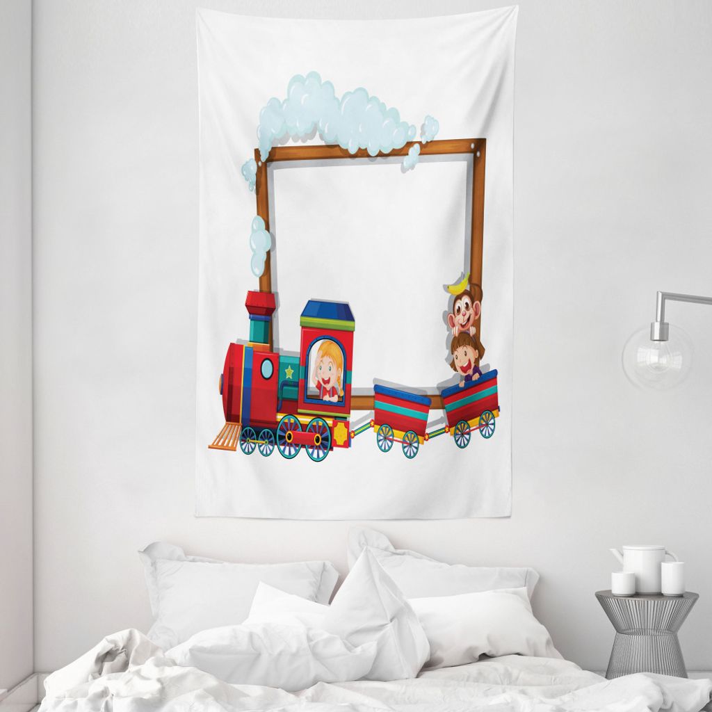 ABAKUHAUS Affe Wandteppich und Tagesdecke, Kinder, die auf Cartoon-Zug aus Weiches Mikrofaser Stoff Waschbar ohne Verblassen Digitaldruck, 140 x 23...