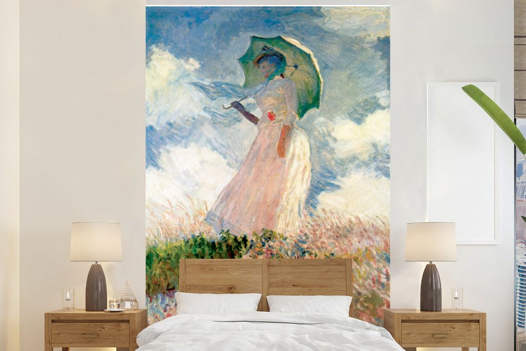 MuchoWow Fototapete für Wohnzimmer oder Schlafzimmer Wandtapete Vinyl Motivtapete Frau mit Sonnenschirm - Gemälde von Claude Monet - 195x300 cm...