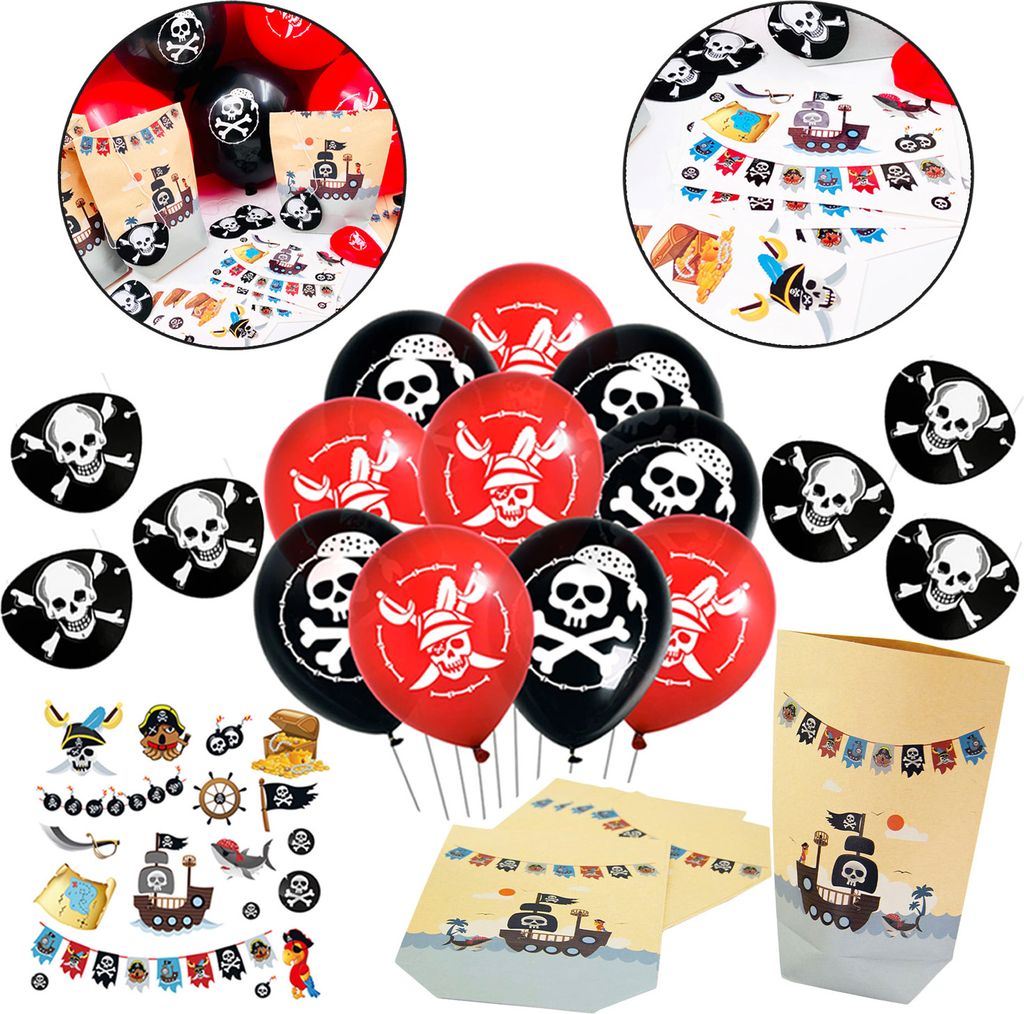 Oblique Unique Piraten Party Kindergeburtstag Deko Set - Luftballons + Geschenktüten + Tattoos + Augenklappen