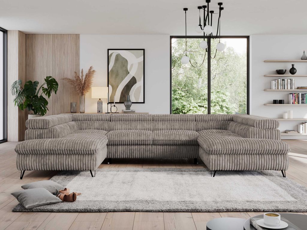 Ecksofa mit Bettkasten, U-form Bettsofa mit Schlaffunktion, verstellbare Kopfstützen - PEDRO U - Cord - Grau