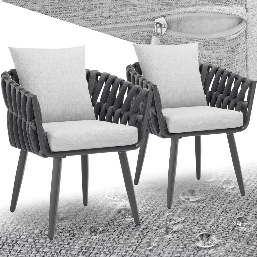 Two outdoor chairs with light gray cushions are shown on a textured surface with water droplets.