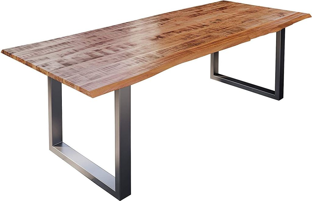 Esstisch Baumkante Massiv Mango naturfarben 260 x 100 silber U-Gestell DORA