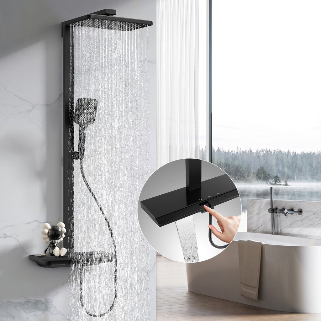 Homelody Duschsystem mit Thermostat und 395MM Ablage, Regendusche und Duschsteuerung,30cm Kopfbrause,Wasserablassfunktion unter Wasserfall
