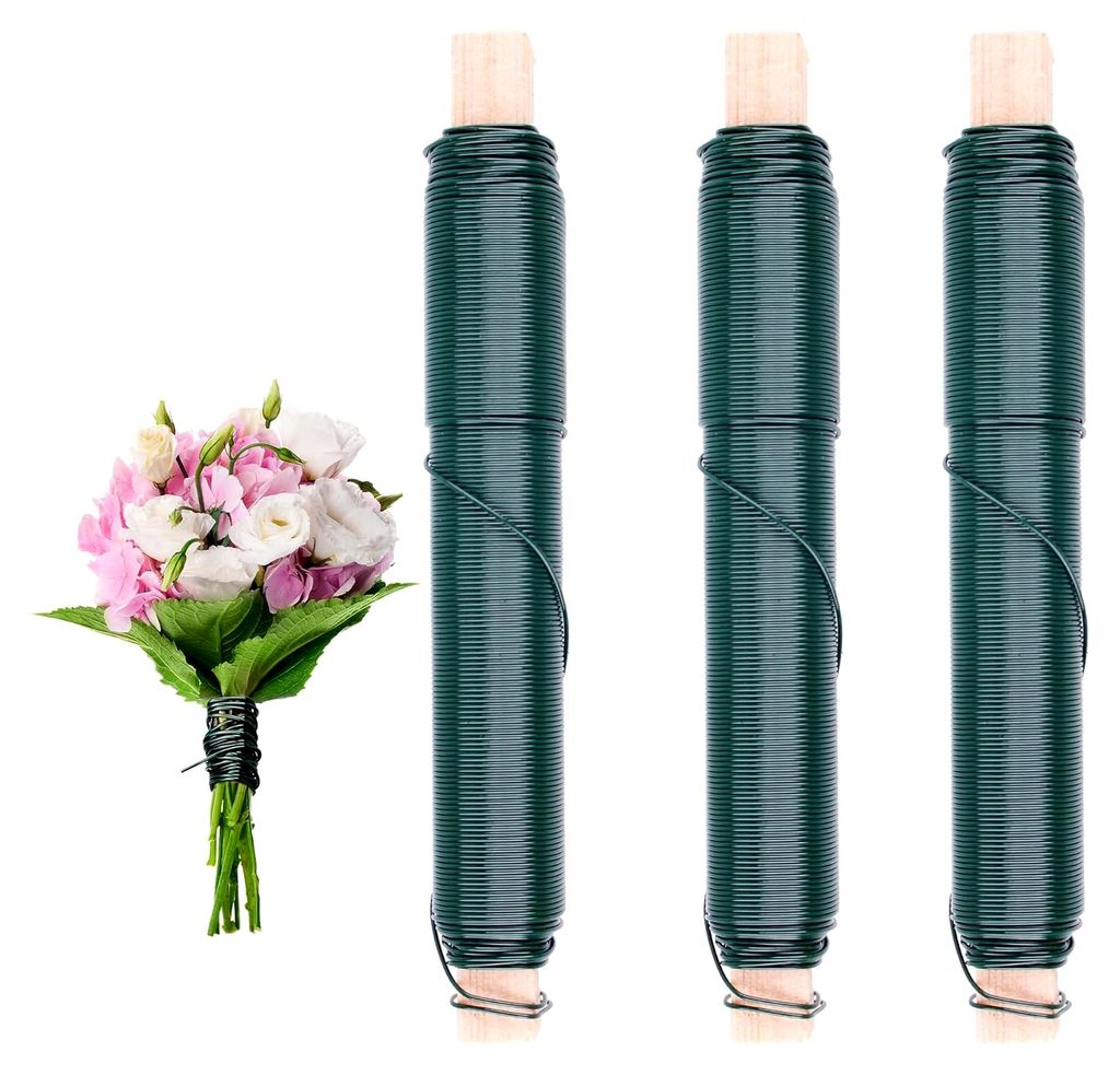 Blumendraht 3er-Set Grün 0,35 mm, Bindedraht für Blumen und Pflanzen, je 35 m auf Holzspule, für Garten, DIY, Kränze, Hochzeiten und Dekoration