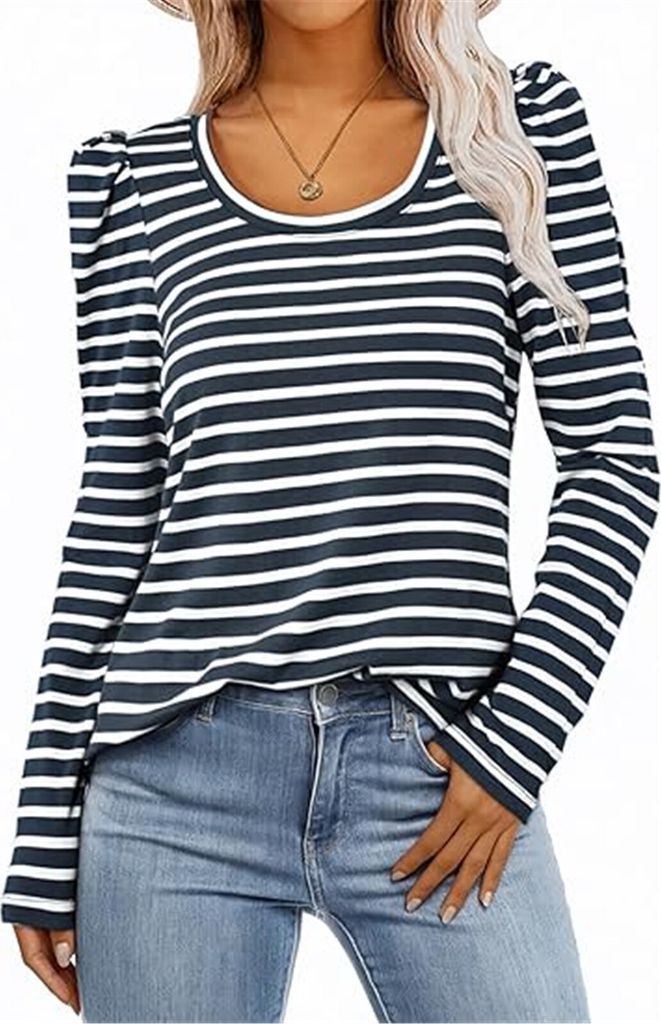 ASKSA Damen T-Shirt Rundhals Langarmshirt Puffaermel Gestreiftes Basic Leicht Laessig Bottoming Bluse Elegant Oberteile (Dunkelblau,M)