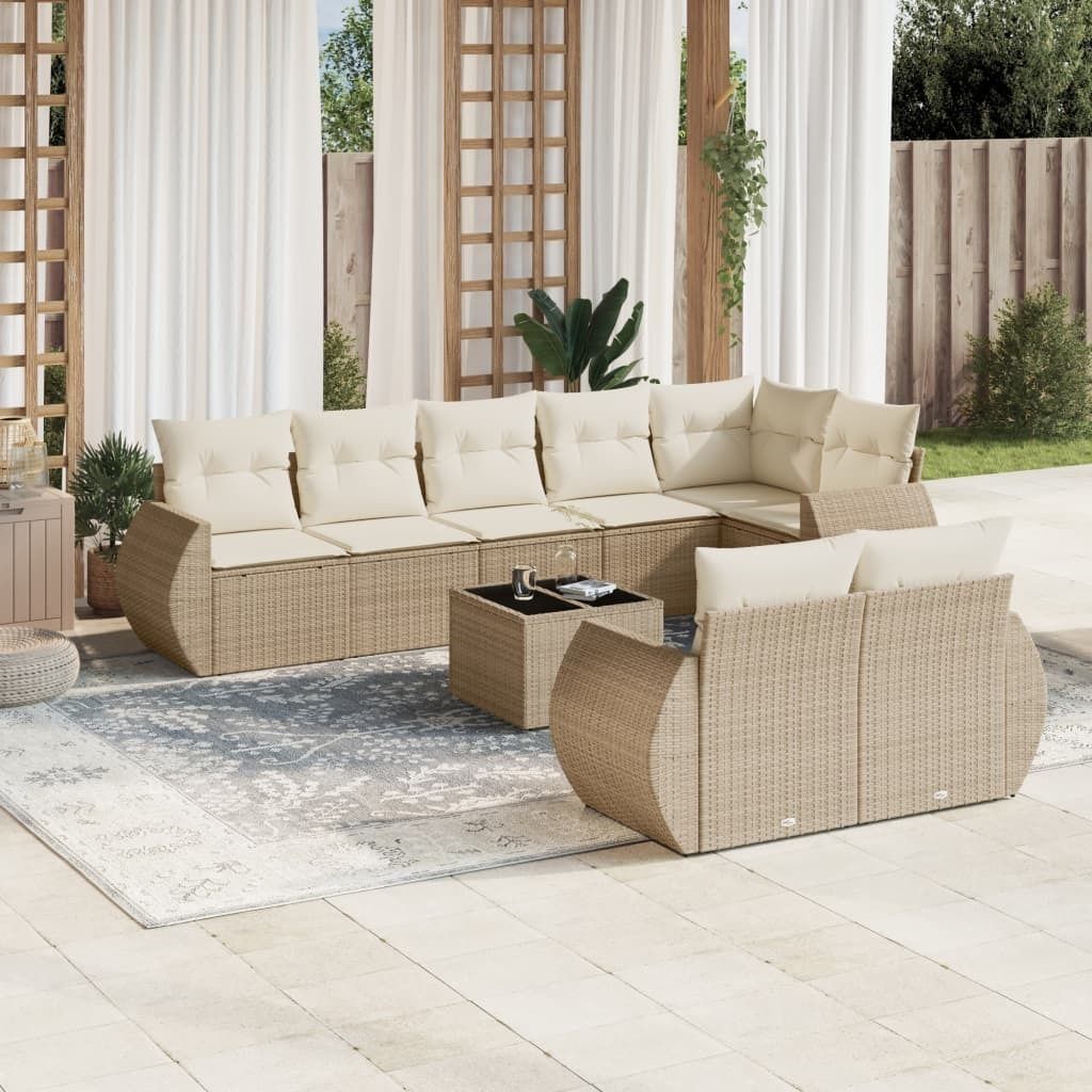 Design 9-tlg. Garten-Sofagarnitur mit Kissen Beige Poly Rattan, Gartensofas 2024 Neu
