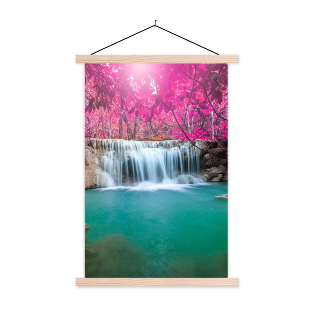 MuchoWow Textilposter Wasserfall - Baum - Rosa - Natur 40x60 cm mit holzfarbenen Rahmen - Poster