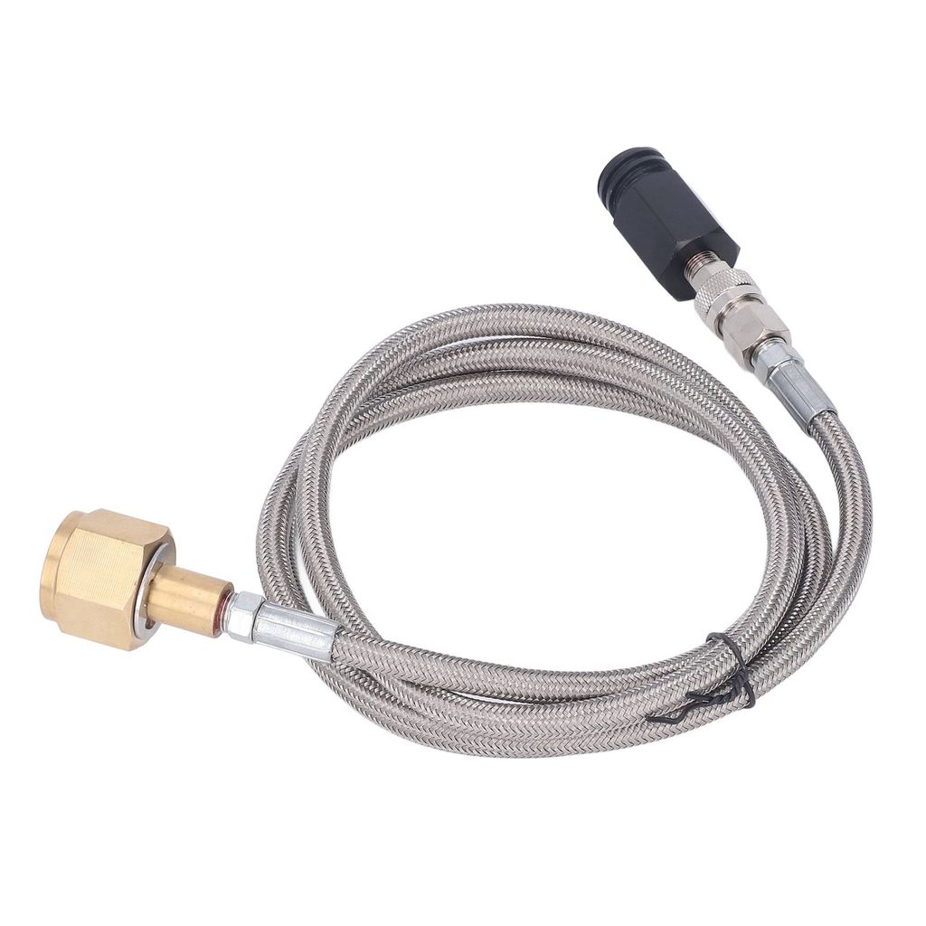 A CO2 refill adapter hose with connectors on both ends, laid out on a white background.
