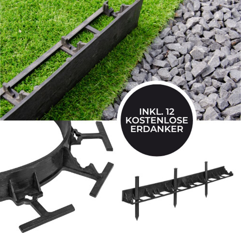 Kunststoff Rasenkante 4x1 Meter 7,8 cm hoch Inkl. 12 Erdanker Beeteinfassung Beetumrandung Gartenpalisade Mähkante Palisaden Garten Zaun Schwartz