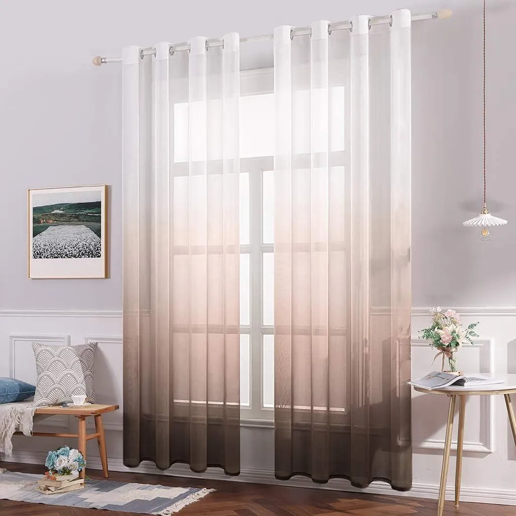 Rideaux Voile Dégradé Blanc Café Marron avec Oeillets 225x140cm Lot de 2