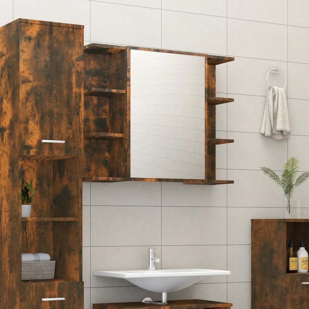 Design Bad-Spiegelschrank Räuchereiche 80x20,5x64 cm Holzwerkstoff, Badezimmerschränke 2024 Neu