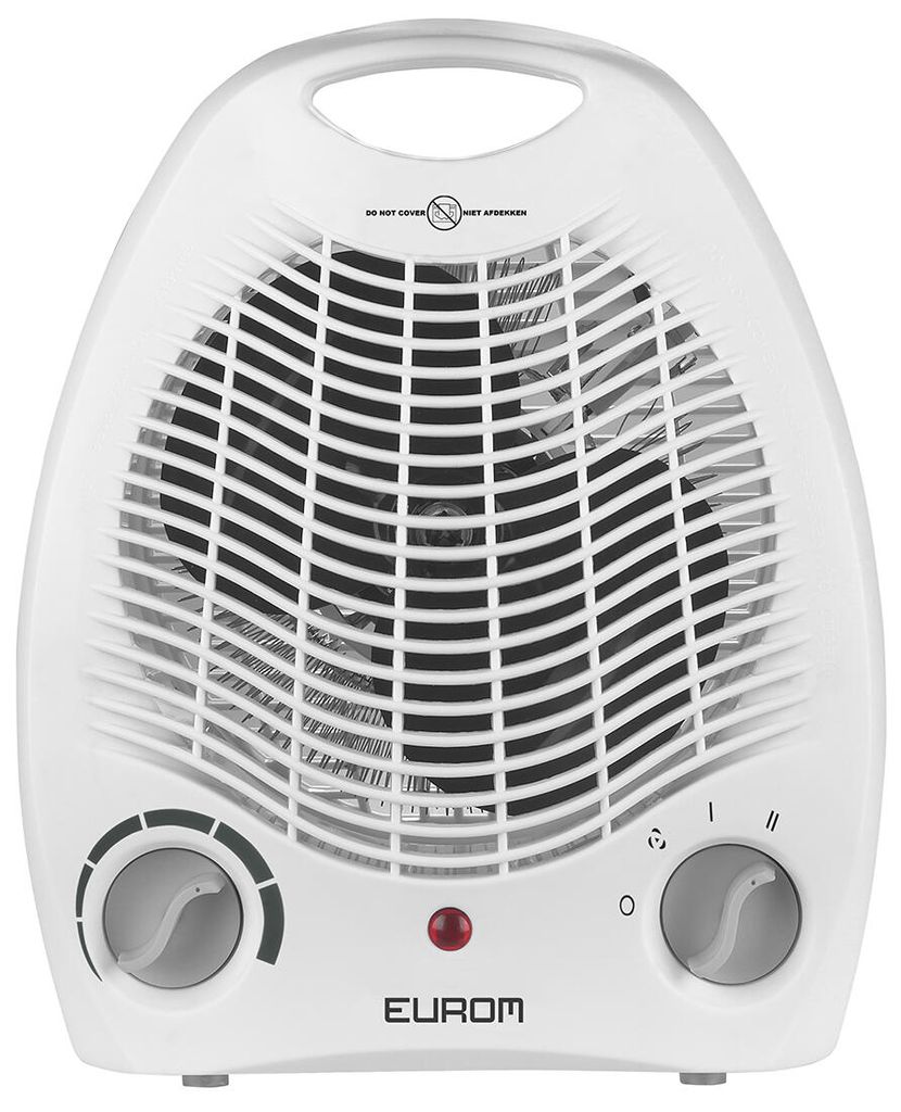 A white electric fan heater manufactured by Eurom.