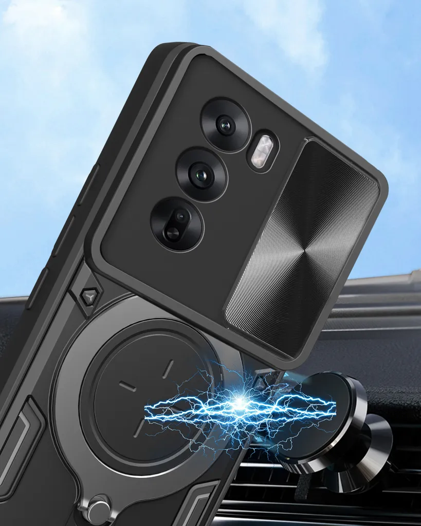 Oududianzi - Cover per Oppo Reno 12 Pro 5G Custodia,con Coperchio Scorrevole della Fotocamera, 360 ° staffa girevole e manicotto protettivo in silicone TPU -oro