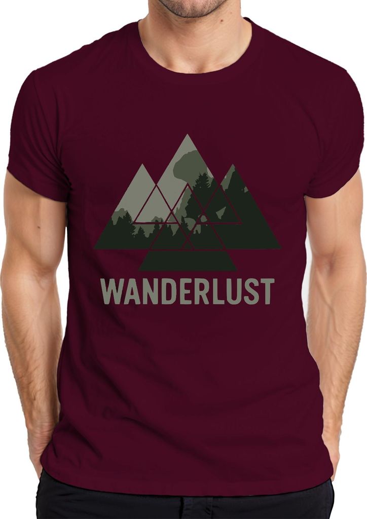 WANDERLUST Berge Wandern Outdoor Natur Wald Abenteuer Camping Herren T-Shirt, Burgundy, S