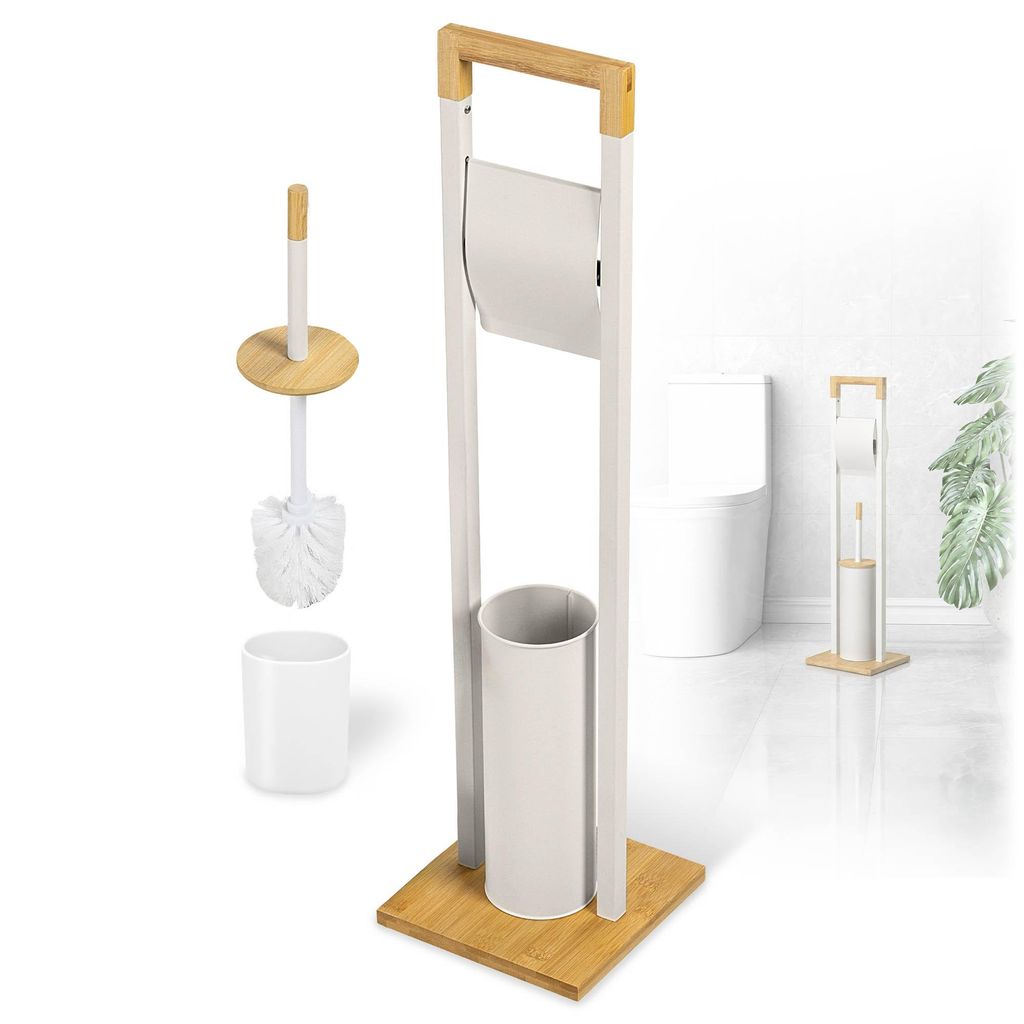 KADAX Toilettenpapierhalter mit integrierter WC-Bürste, Klopapierhalter Stehend mit Klobürste für Badezimmer, WC Garnitur aus Stahl und Bambus (...